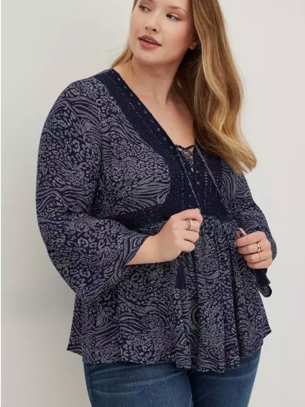 TORRID Babydoll Gauze Crochet Trim Lace-Up Top